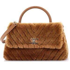 **SOLD** CHANEL Brown Chevron Shearling  Medium Coco Top Handle Flap Bag